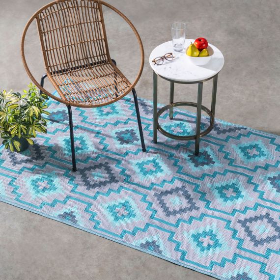 Lhasa - Teal Boho Outdoor Rug for Patio - (4' x 6')