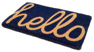Cursive Hello Doormat Handwoven, Durable - Dark Blue
