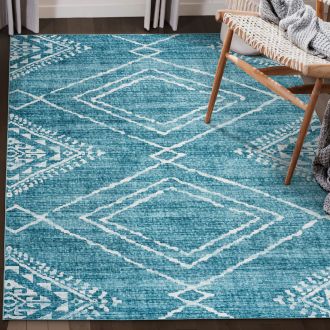 ReaLife Machine Washable Rug - Stain Resistant - Moroccan Diamond - Teal