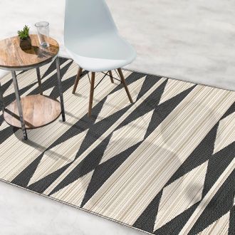 Black Navy Blue Grey Outdoor Rug for Patio/Deck/Porch, Non-Slip Large Area  Rug 5 x 8 Ft, Modern White Striped Geometric Art Indoor Outdoor Rugs