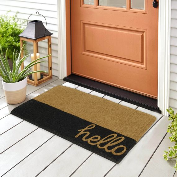 Fab Habitat Modern Extra Thick Doormat - Handwoven, Durable - Natural Coir - Entryway, Front Door, Porch, Patio - Black Belt Hello (18 x 30 Thick)
